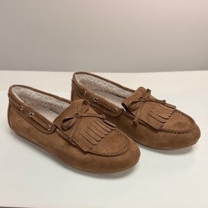 Brown Suede Moccasin Flats with Fringe